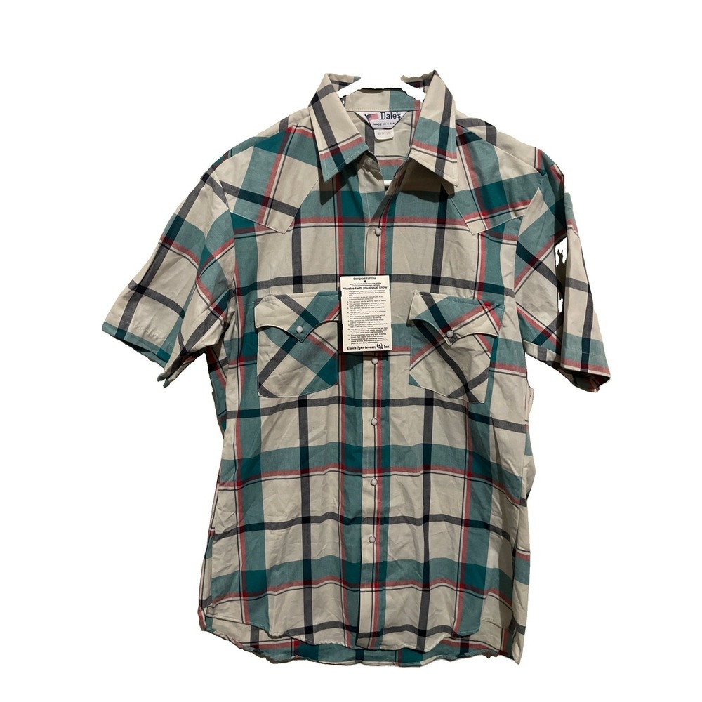 VTG Dale's Western Shirt Mens M Short Sleeve Plaid Cowboy USA Pearl Snap NWT